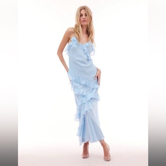 LoveShackFancy Rialto Dress in Aqua Mist size 4 silk maxi ruffle strappy gown